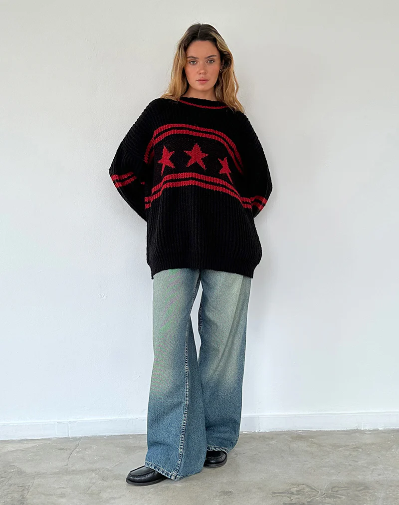 Lulees Oversized Jumper in Black with Red Star and Stripes - Image 5