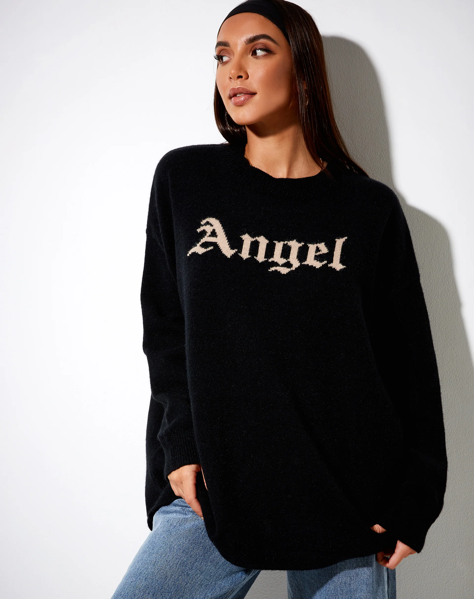 Lulees Jumper in Knit Black with 'Angel' in Cream - Image 2
