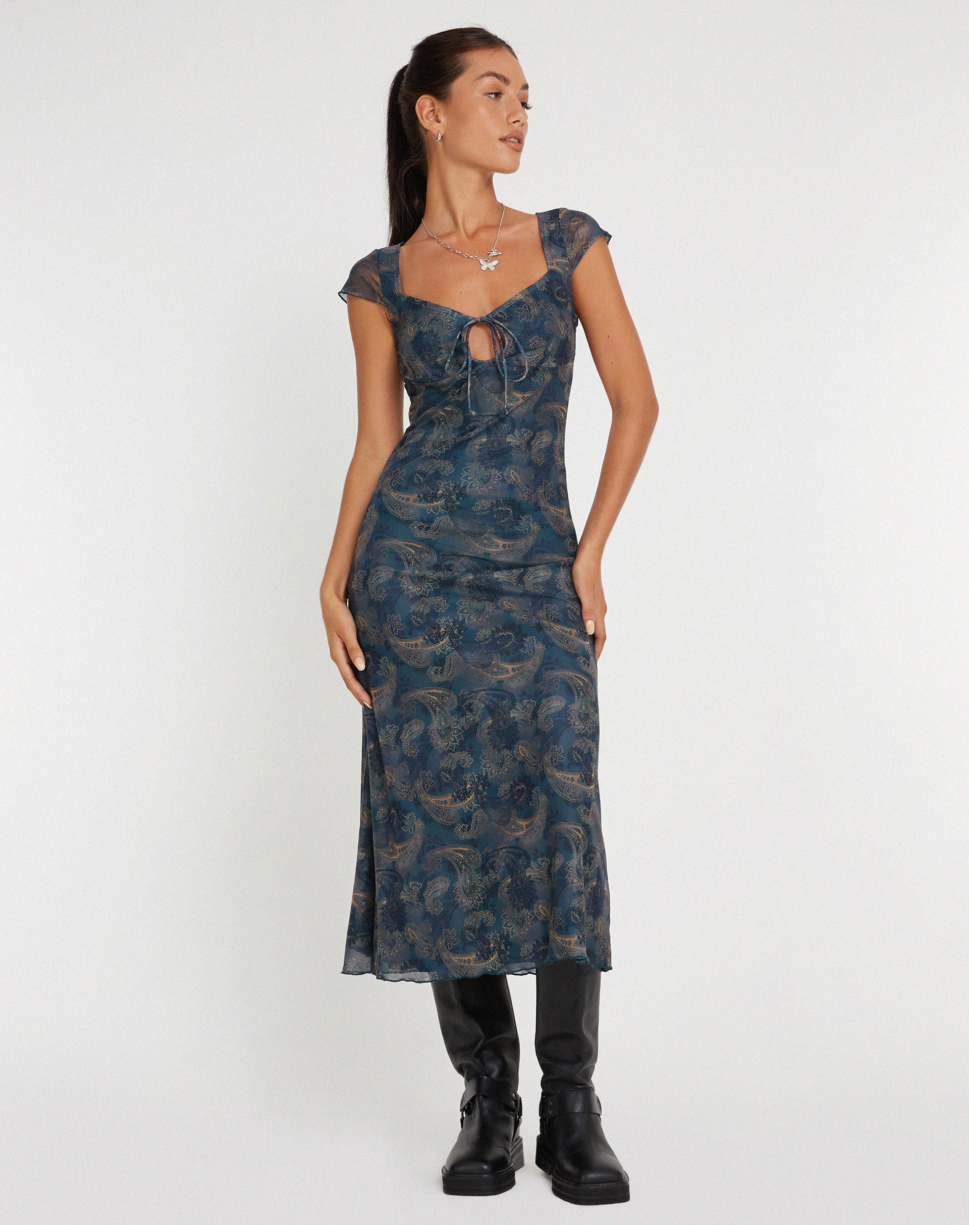 Lunama Mesh Midi Dress in Tonal Blue Paisley - Image 3
