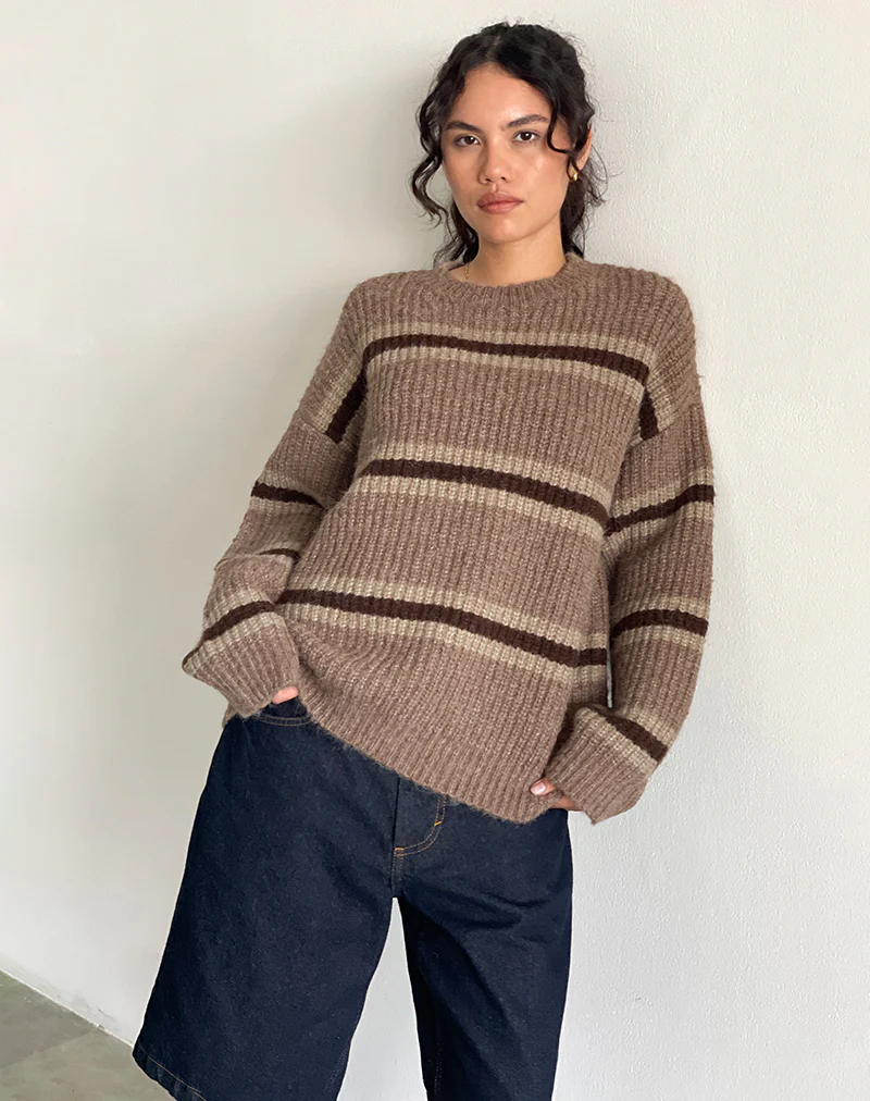 Lunet Knitted Jumper in Stripe Tonal Brown - Image 4