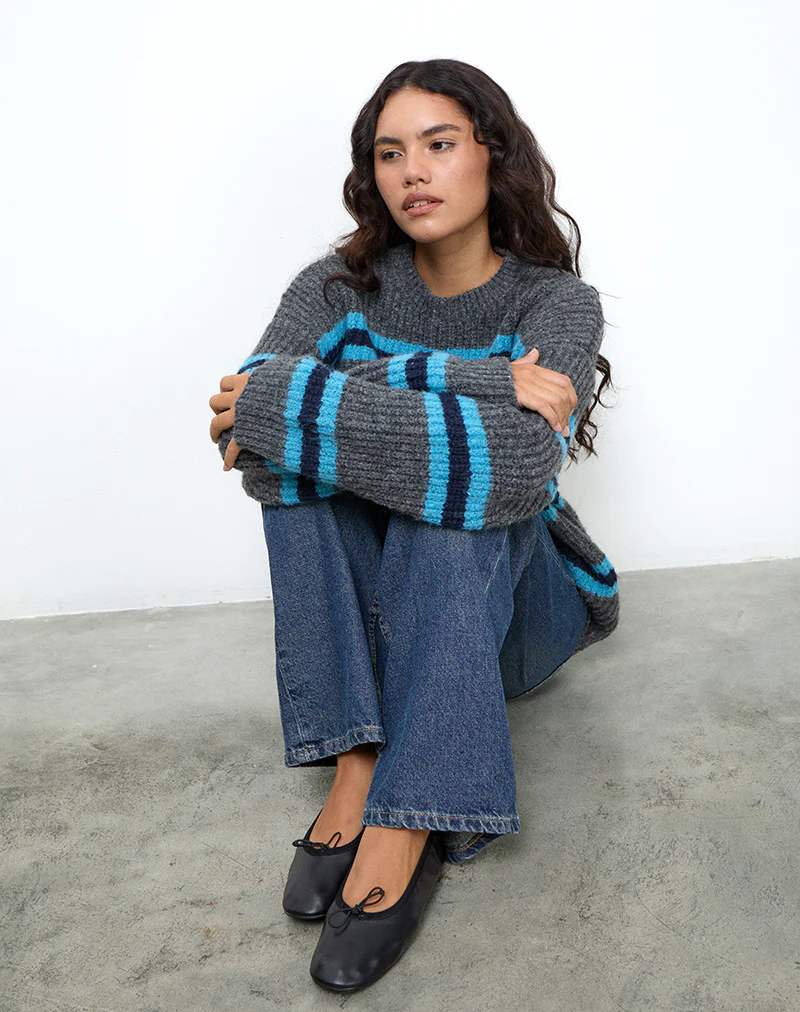 Lunet Knitted Jumper in Stripe Grey and Blue - Image 2