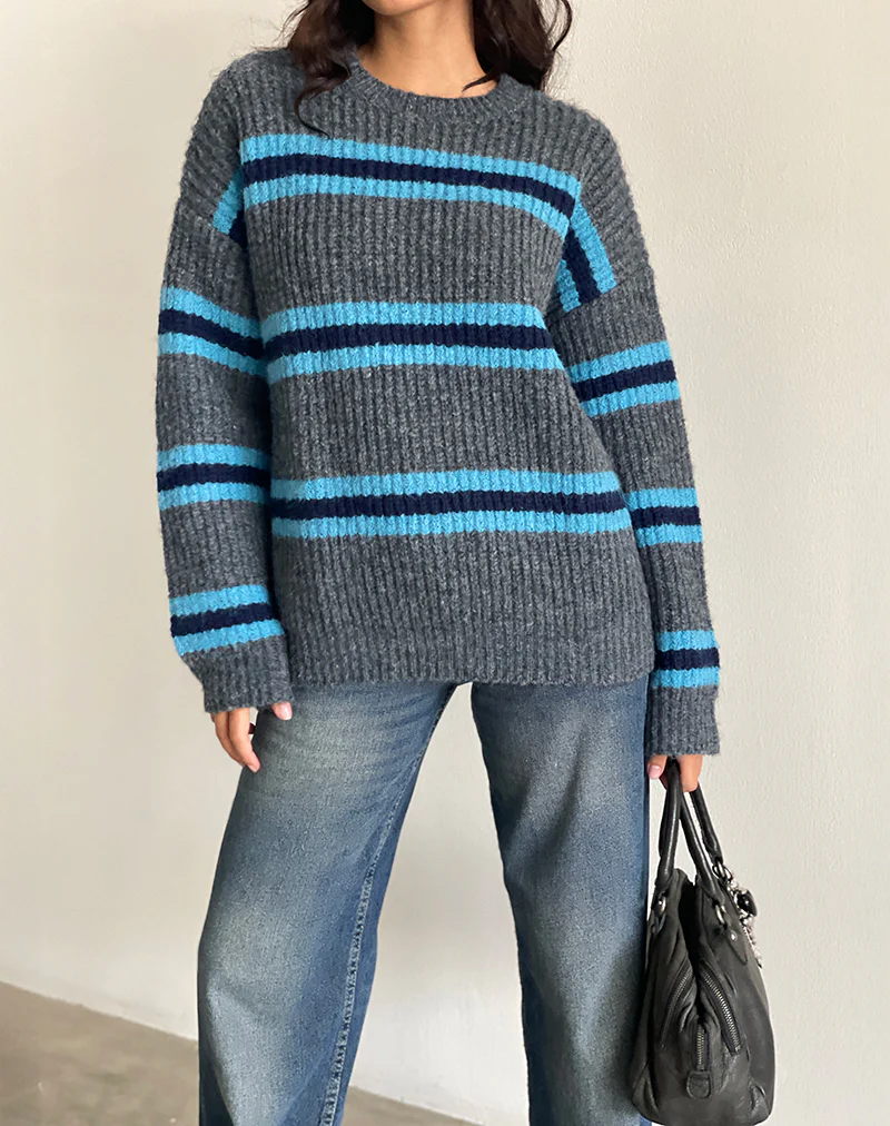 Lunet Knitted Jumper in Stripe Grey and Blue - Image 4