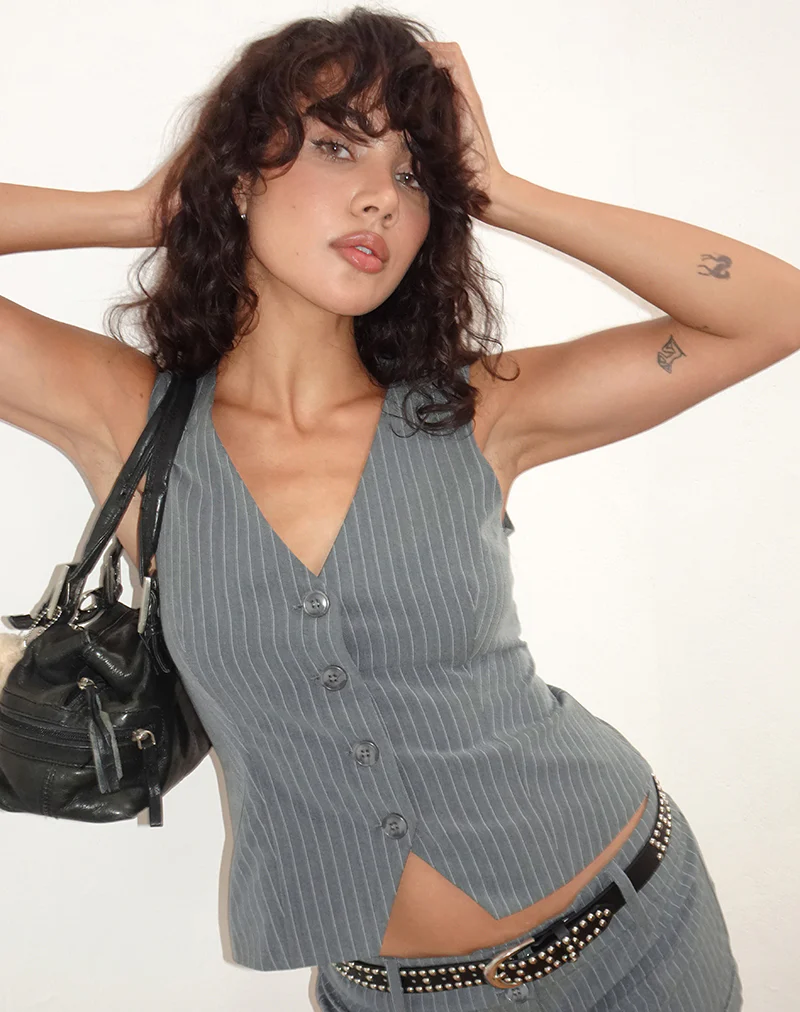 Luno Button Front Vest Top in Pinstripe Grey - Image 2