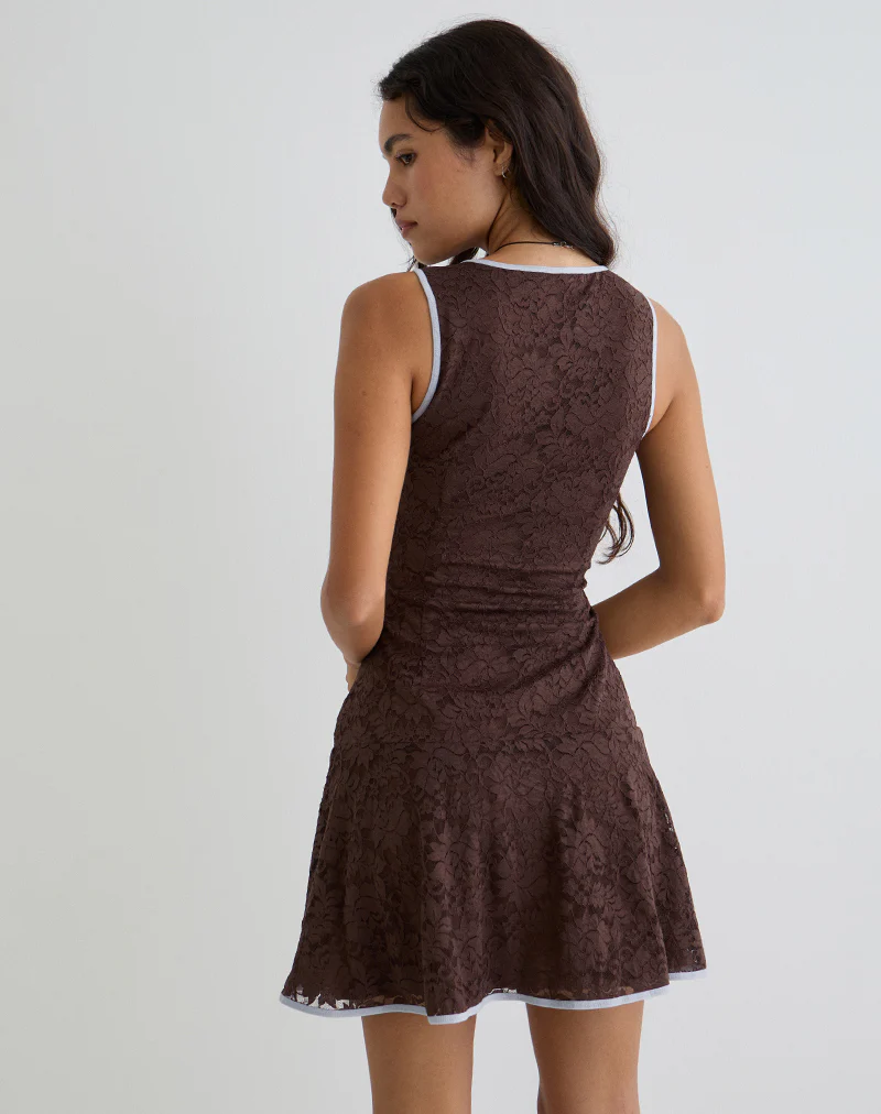 Luscian Mini Dress in Lace Chocolate with Blue Binding - Image 5