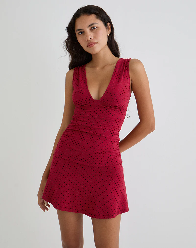 Luscian Plunge Mini Dress in Red with Black Micro Polka Print - Image 4