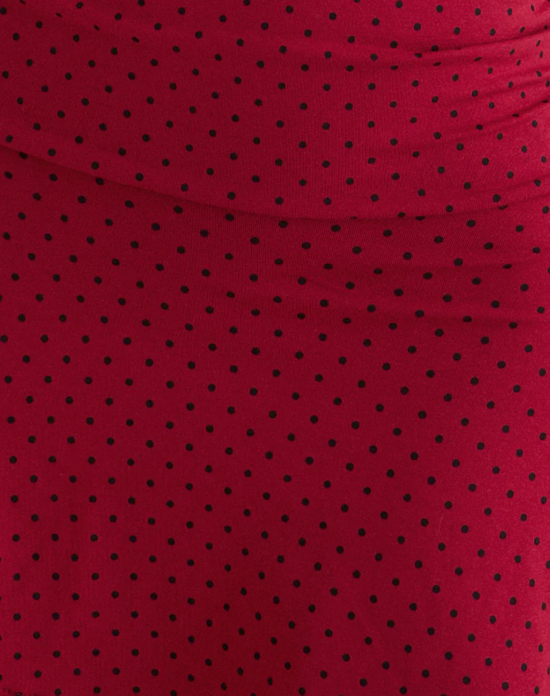 Luscian Plunge Mini Dress in Red with Black Micro Polka Print - Image 6