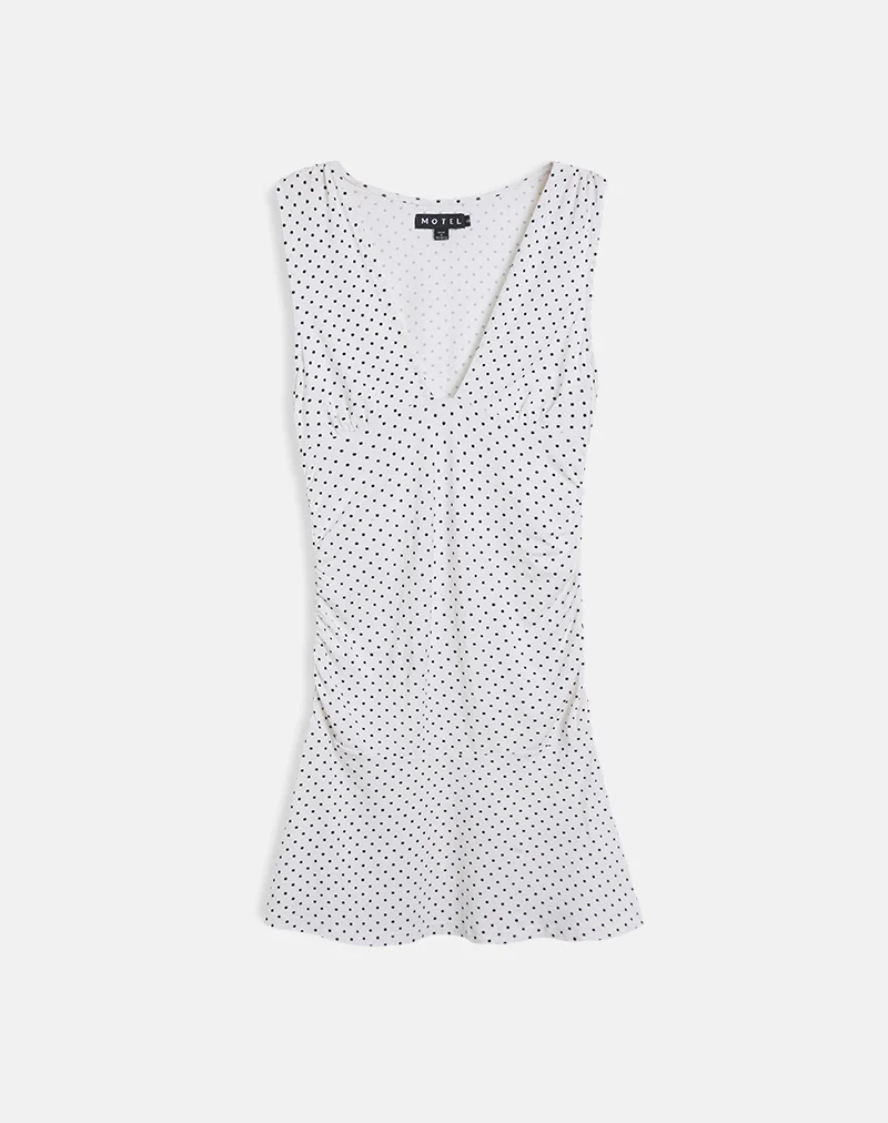 Luscian Plunge Mini Dress in White with Micro Polka Black - Image 2