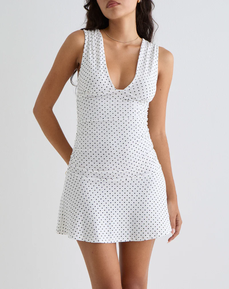 Luscian Plunge Mini Dress in White with Micro Polka Black - Image 3
