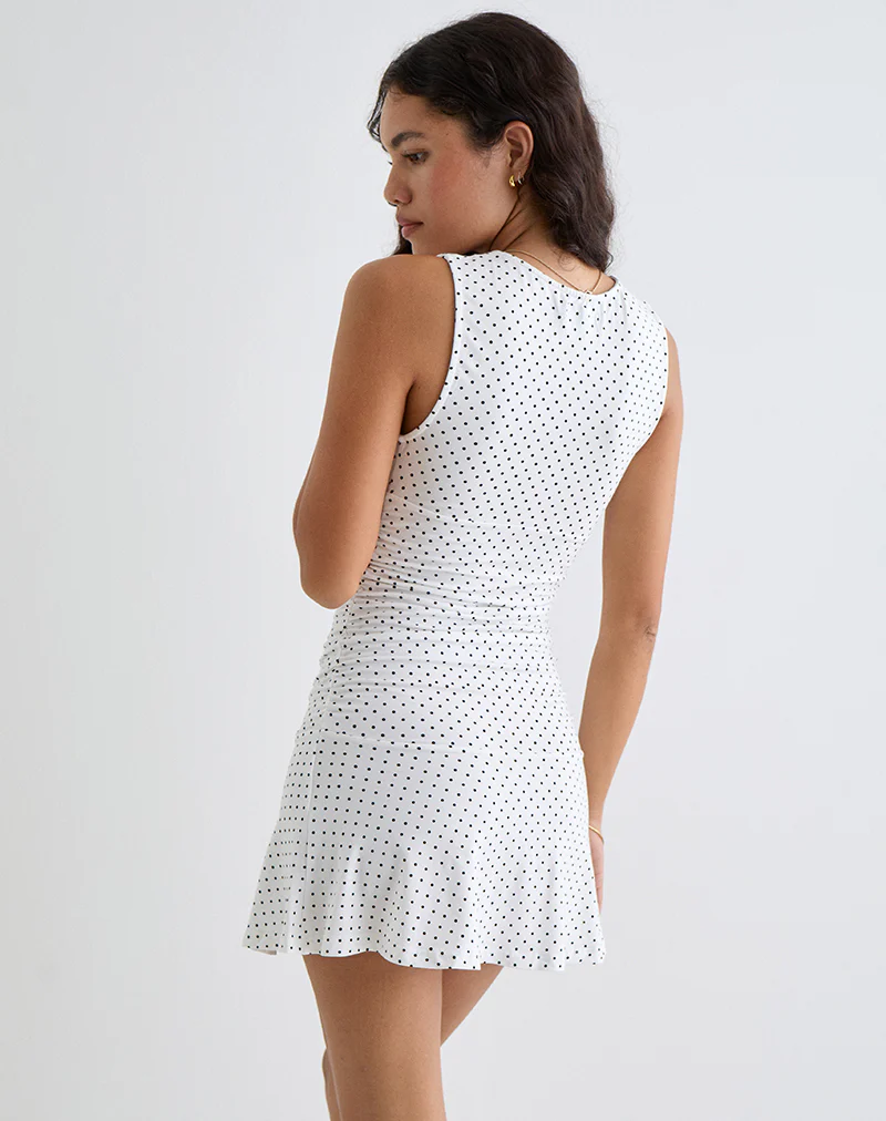 Luscian Plunge Mini Dress in White with Micro Polka Black - Image 5