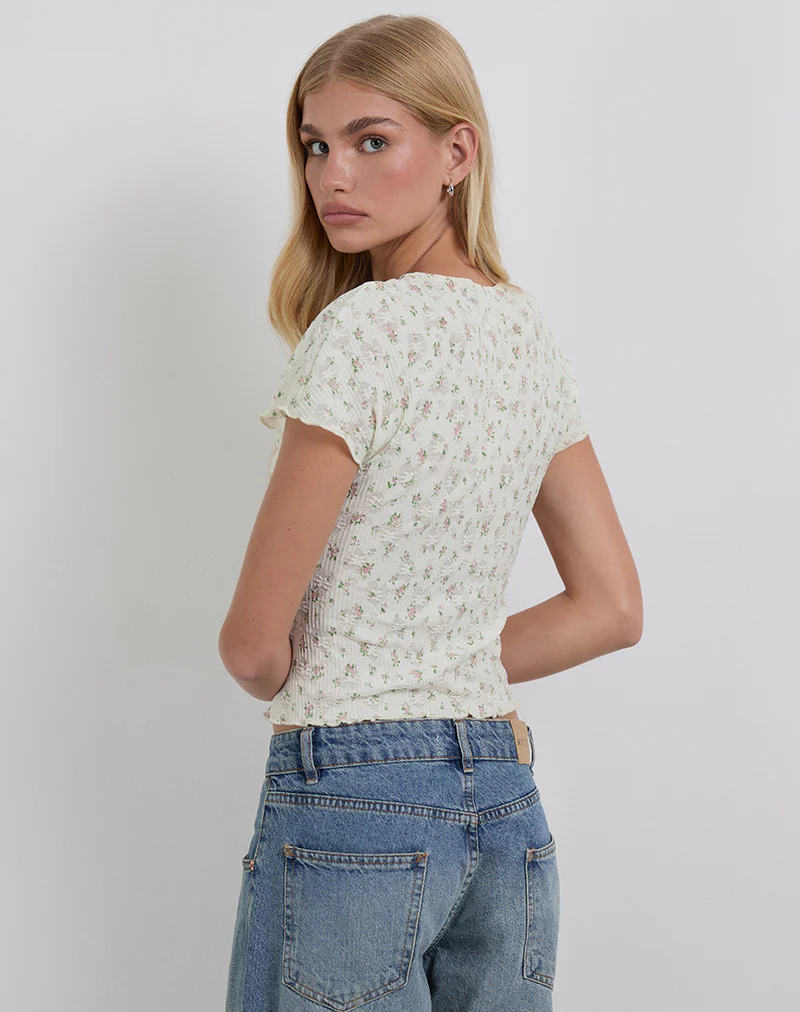 Luyu Short Sleeve Top in Floral Lace Ivory - Image 6