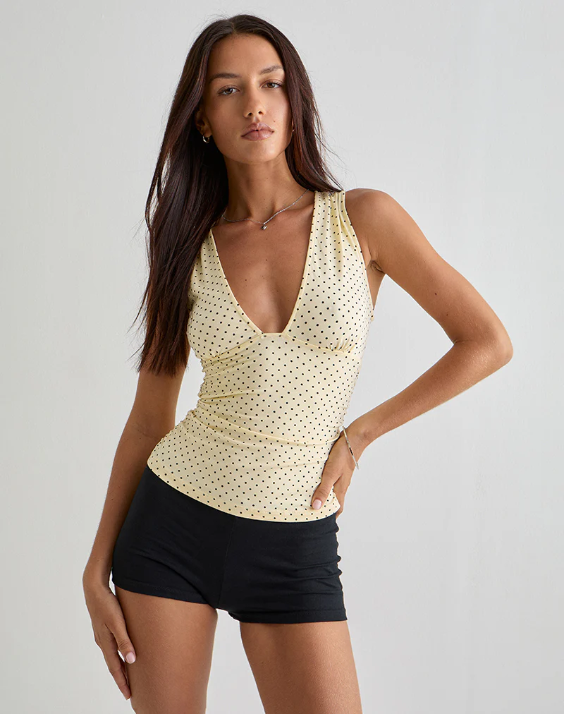 Lycia Plunge Top in Cream with Black Micro Polka Print - Image 3
