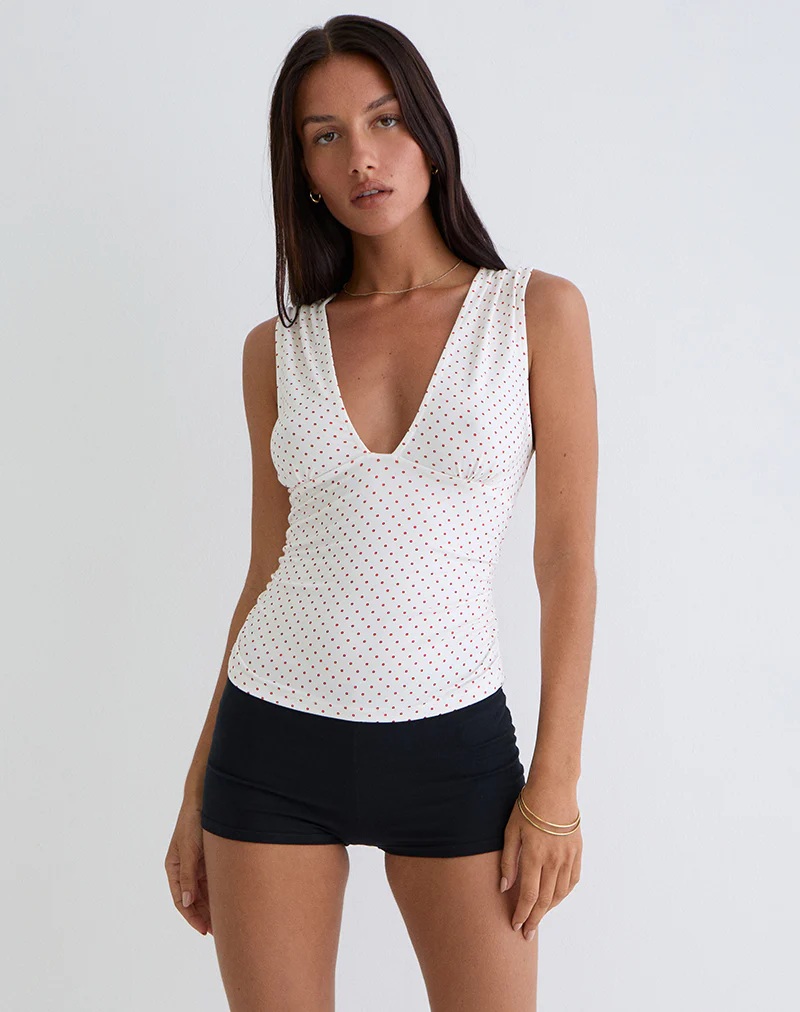 Lycia Plunge Top in White with Red Micro Polka Print - Image 2