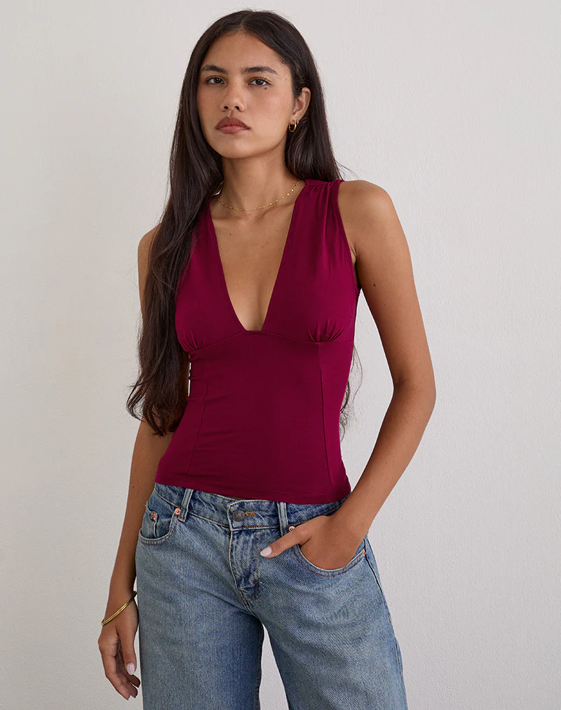 Lynod Plunge Top in Rayon Burgundy - Image 2