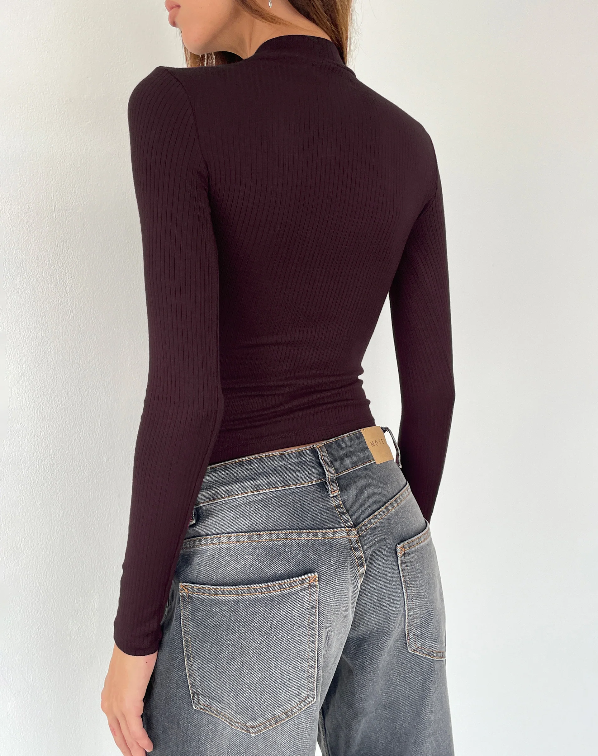 Mabel High-Neck Long Sleeve Ribbed Top in Oxblood - Image 4