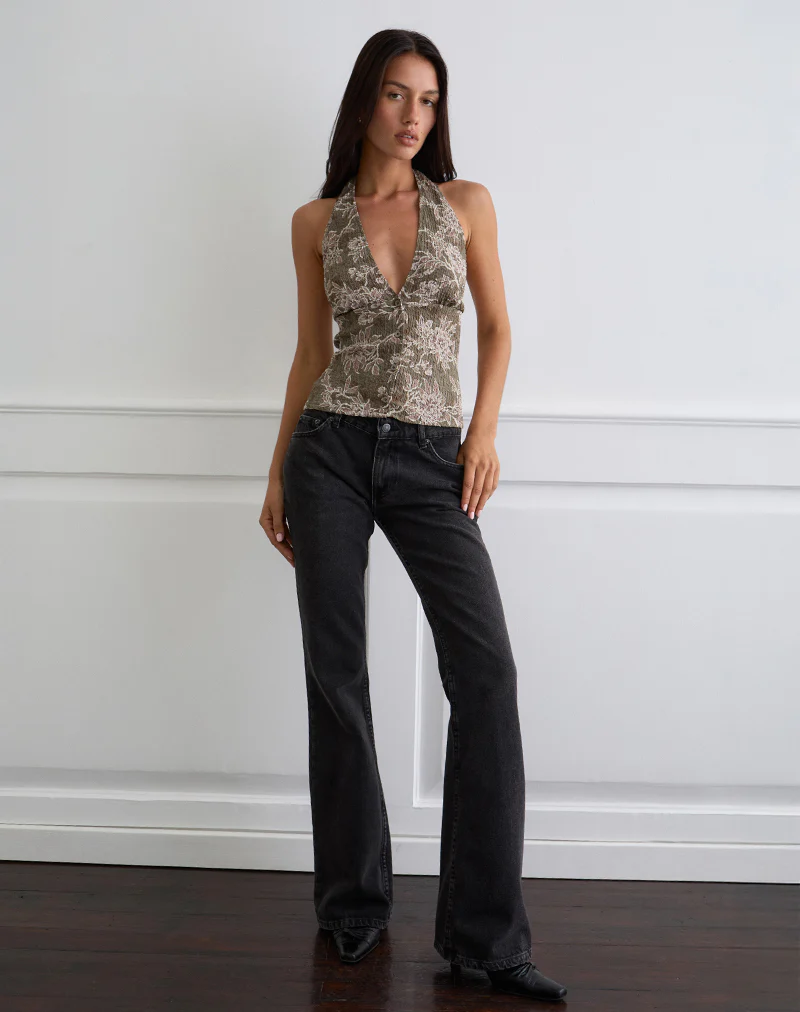 Mabli Halterneck Top in Textured Woven Floral Green - Image 3