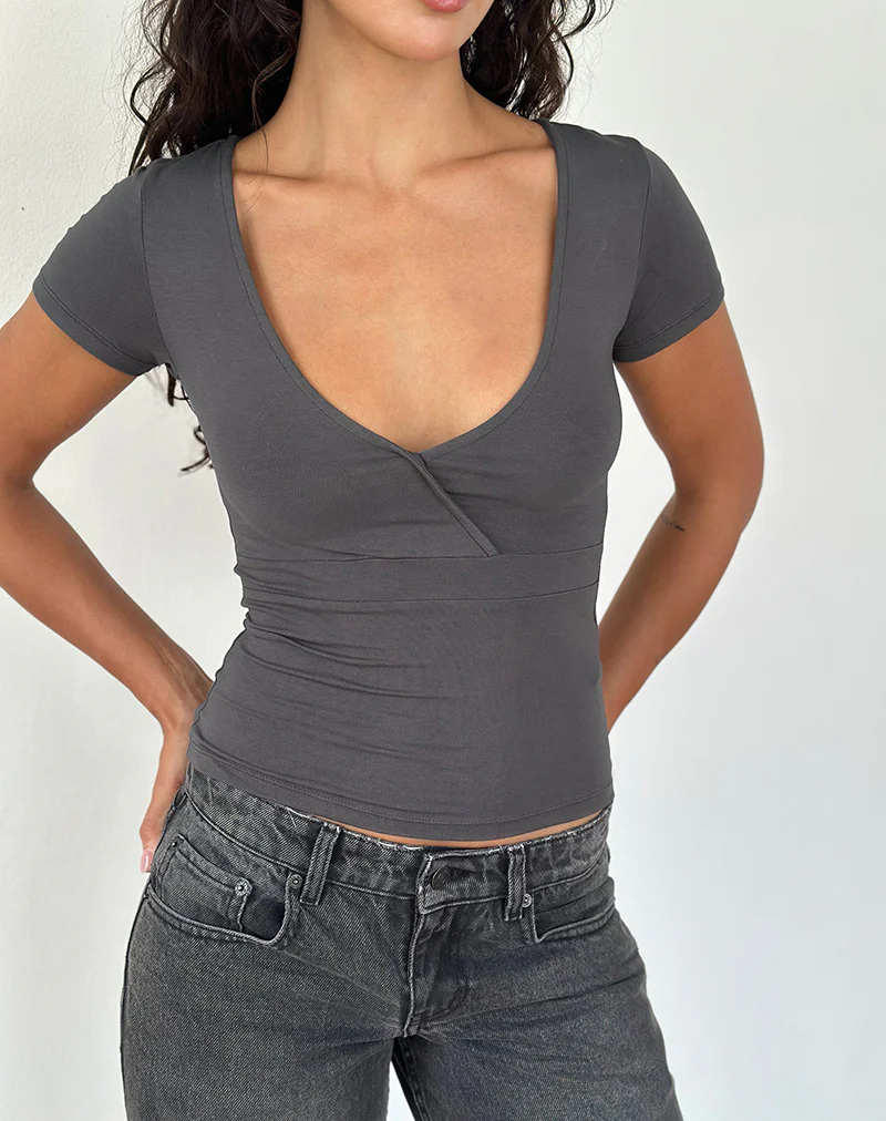 Machiko Plunge Wrap Top in Charcoal Grey - Image 2
