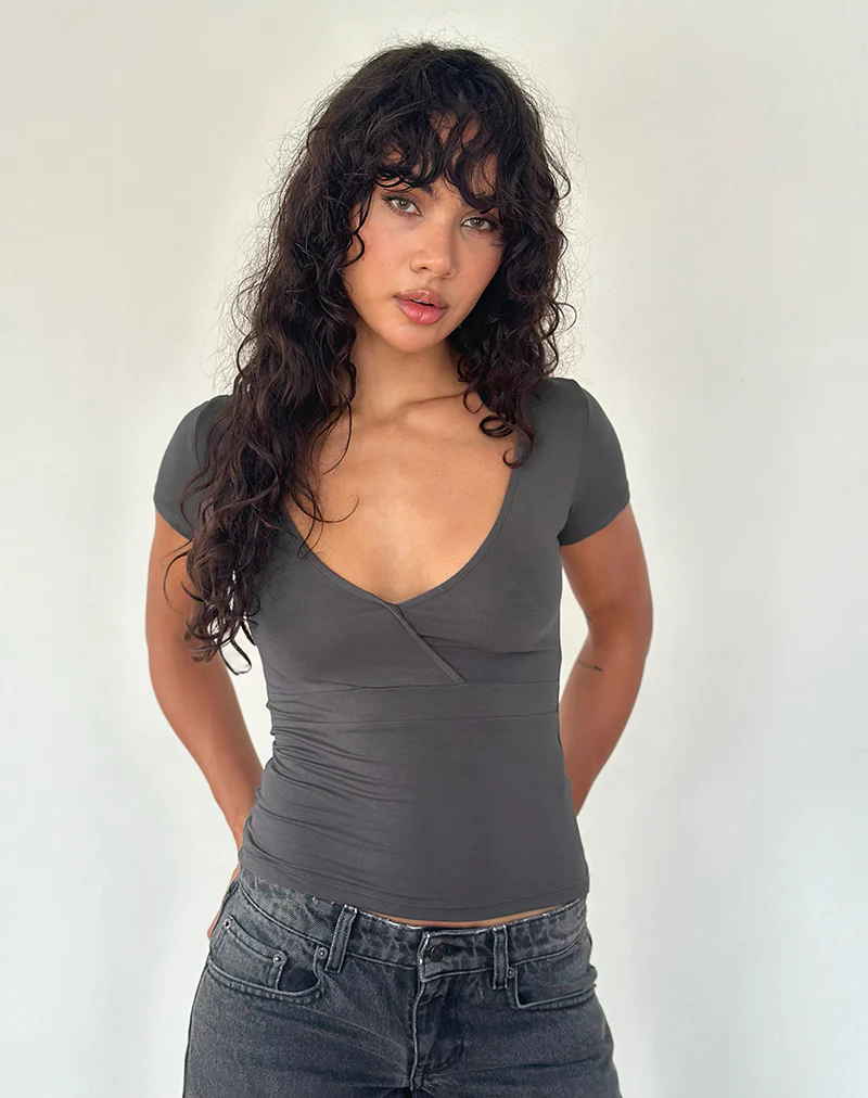 Machiko Plunge Wrap Top in Charcoal Grey - Image 3