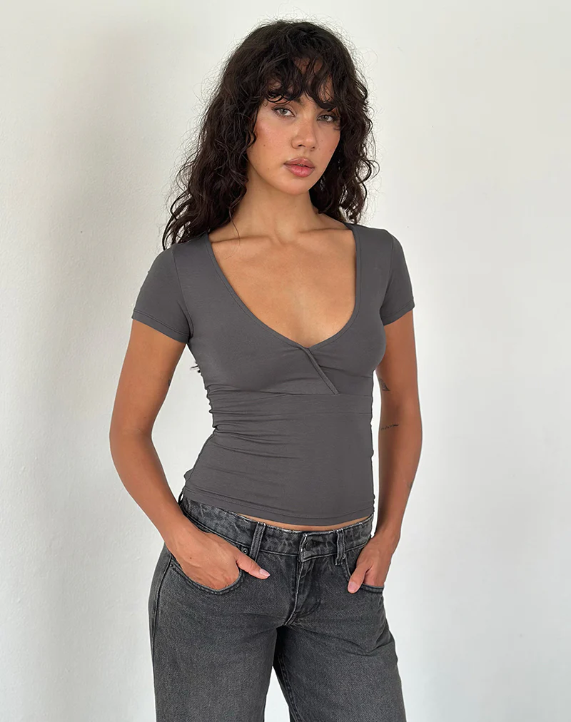 Machiko Plunge Wrap Top in Charcoal Grey - Image 5