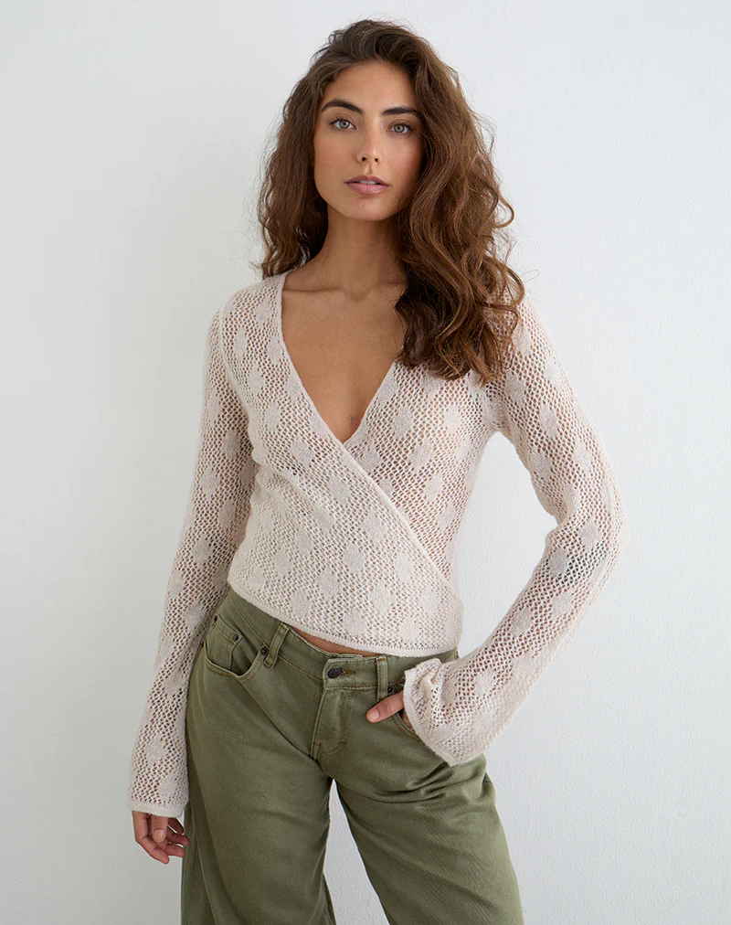 Maeko Crochet Wrap Top in Knit Ecru