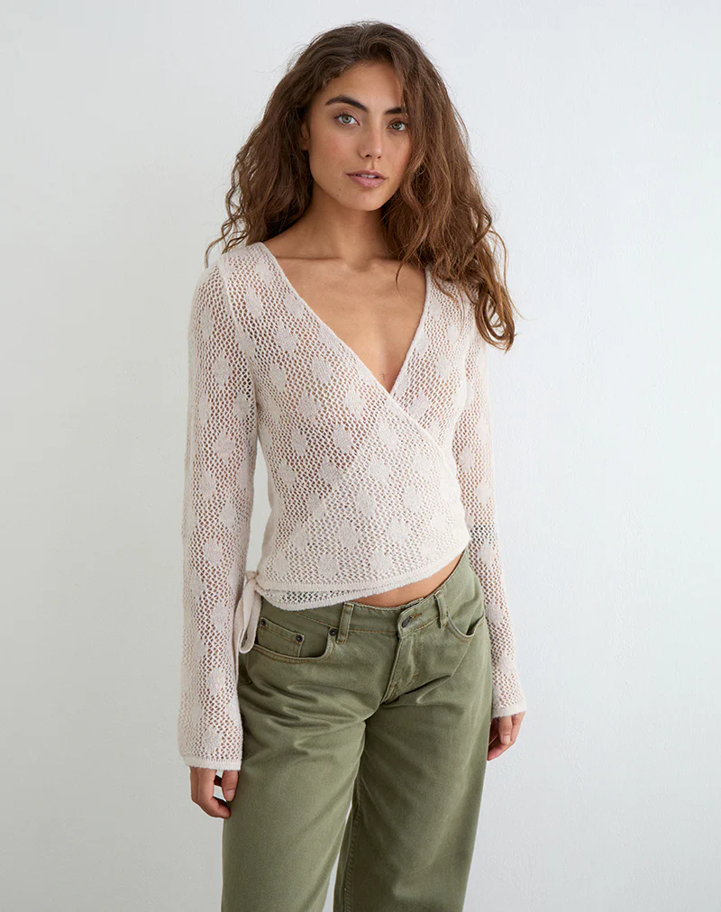 Maeko Crochet Wrap Top in Knit Ecru - Image 4