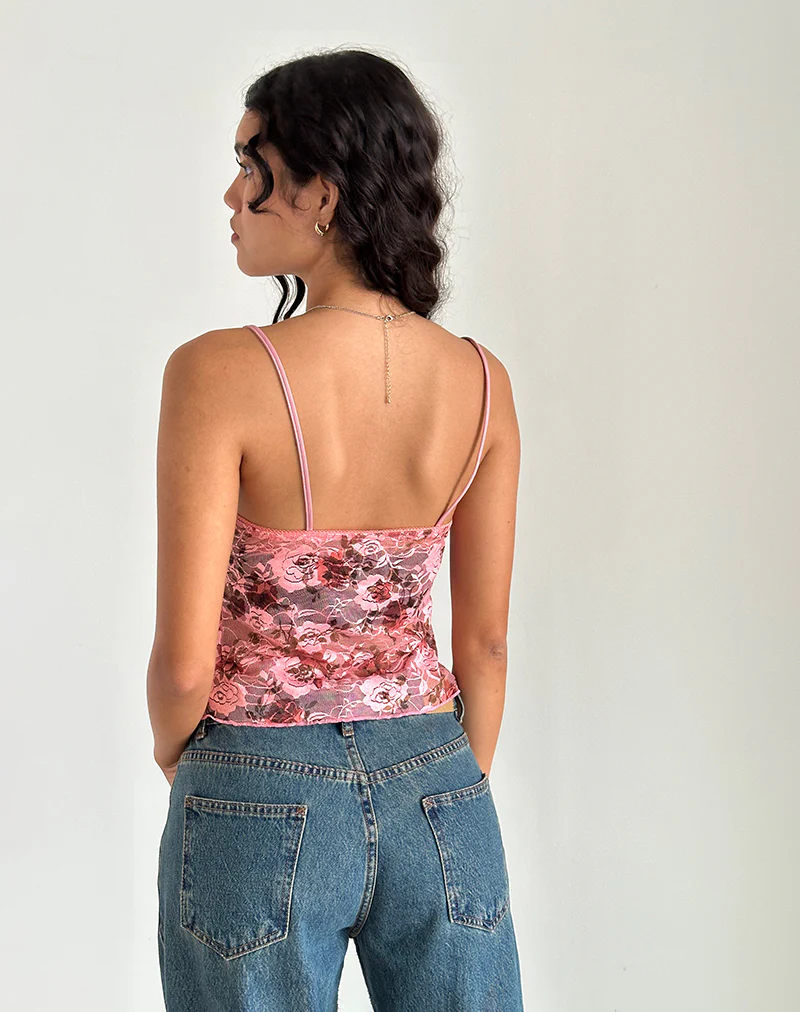 Magita Top in Pink Lace Floral Bloom - Image 3