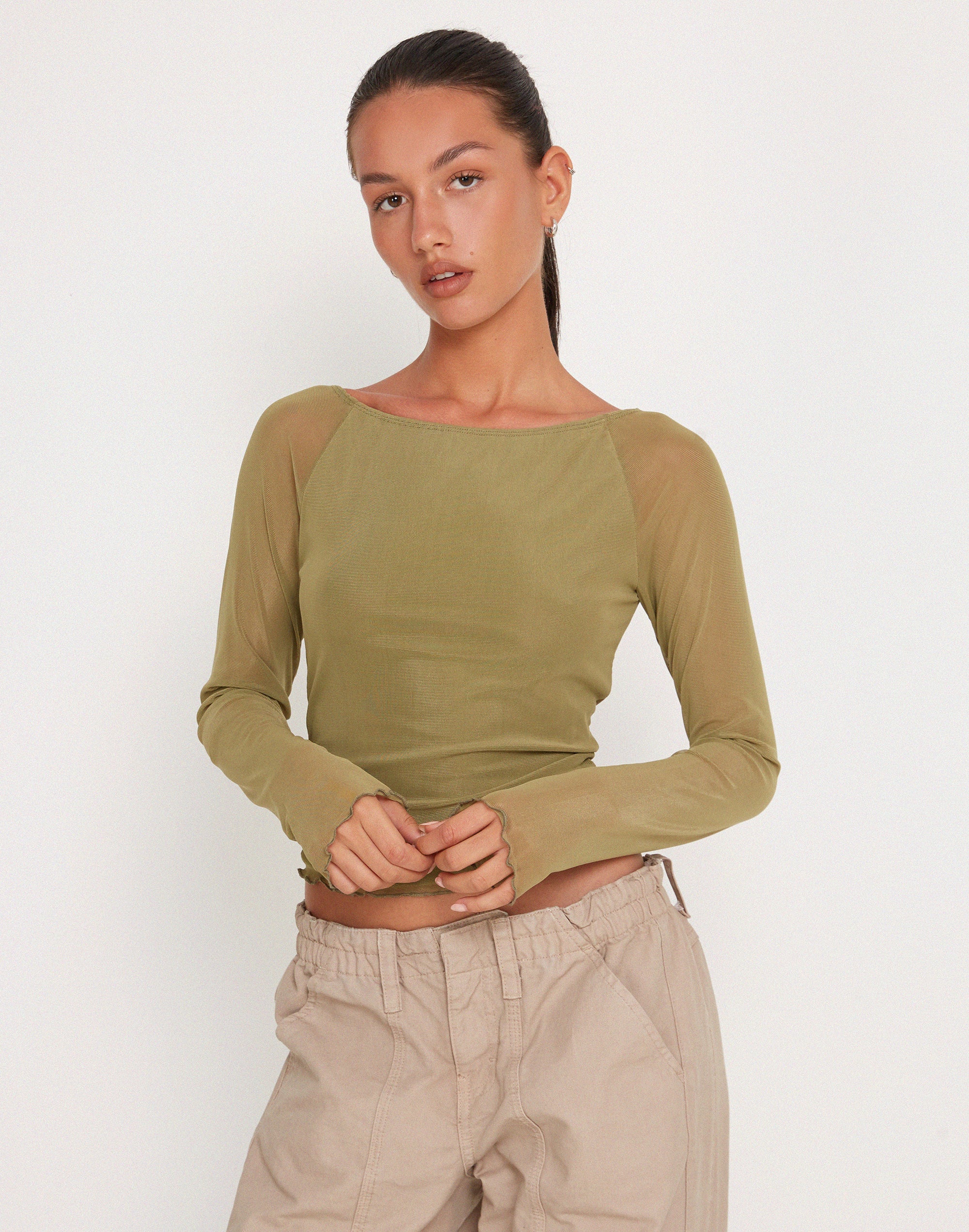 Mahira Long Sleeve Mesh Top in Olive