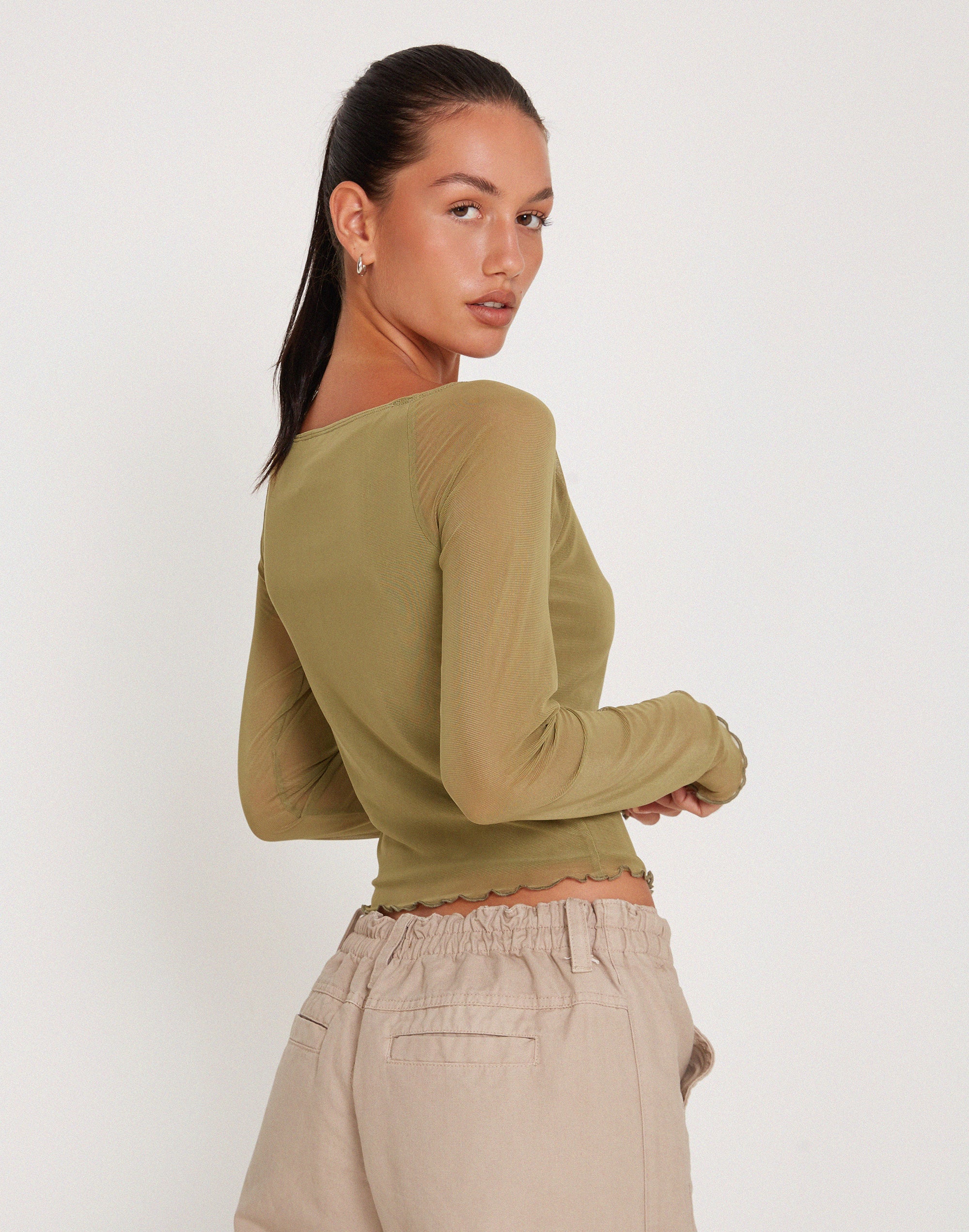 Mahira Long Sleeve Mesh Top in Olive - Image 3