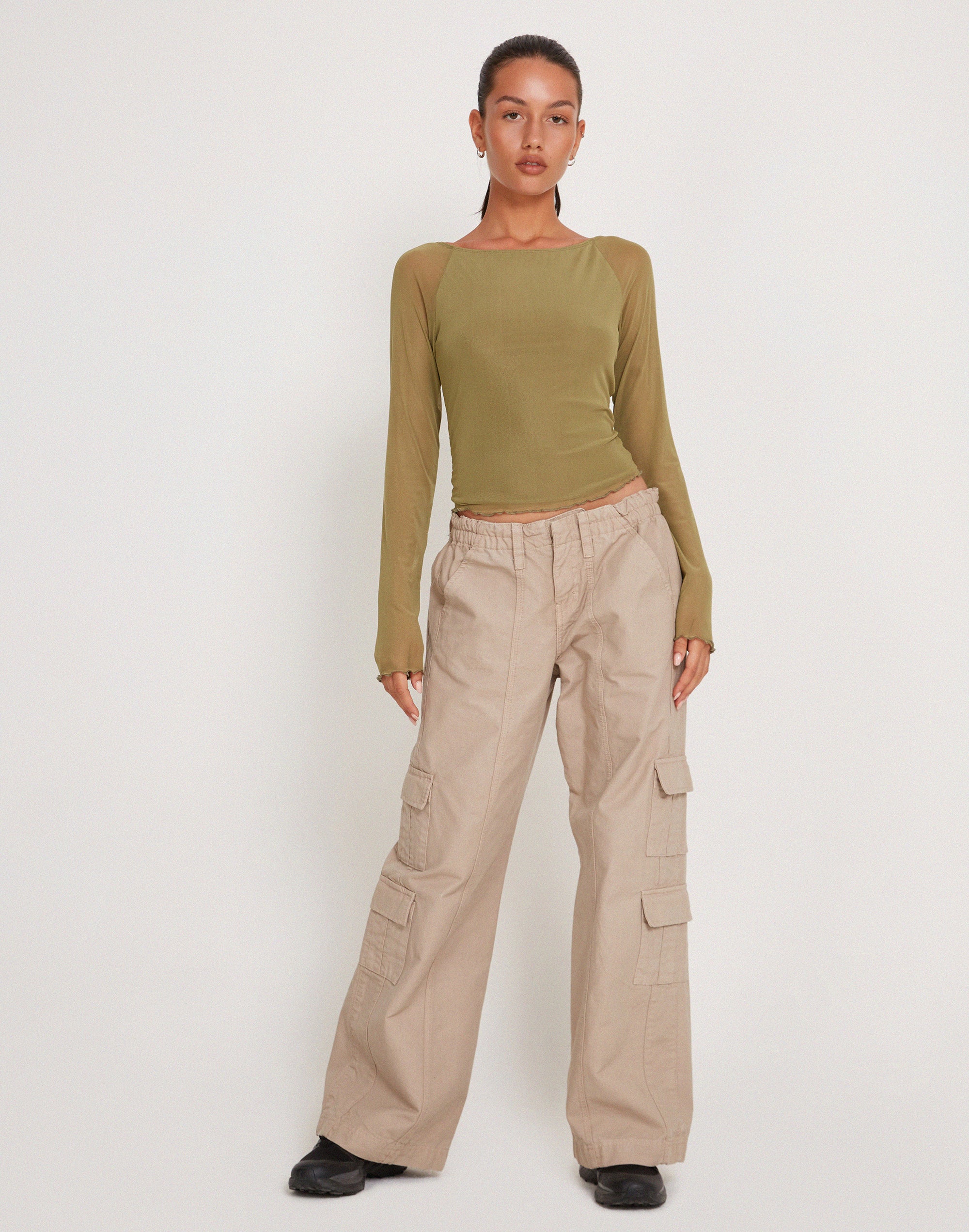 Mahira Long Sleeve Mesh Top in Olive - Image 4