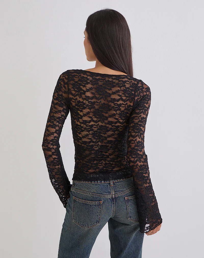 Mahota Deep Plunge Long Sleeve Top in Lace Black - Image 4