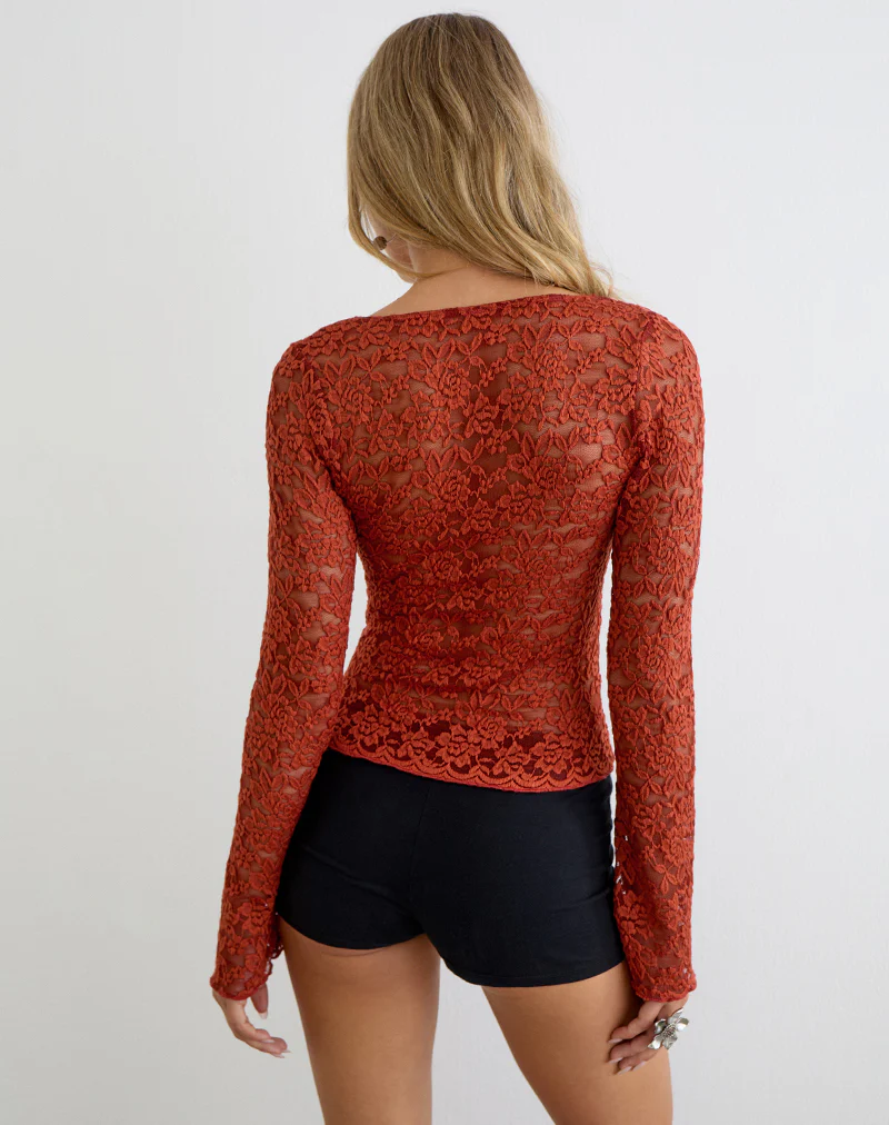 Mahota Deep Plunge Long Sleeve Top in Lace Mesh Brick - Image 3