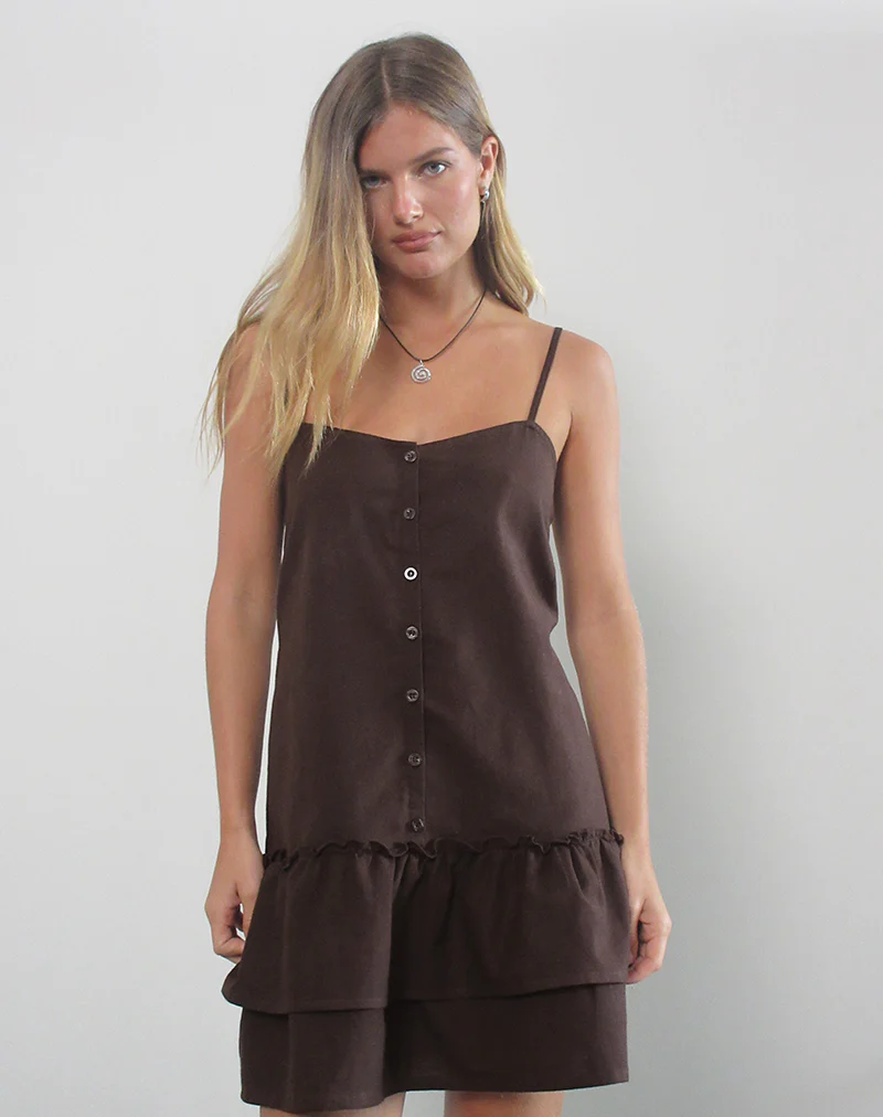 Mailina Linen Button Up Mini Dress in Chocolate Brown - Image 4