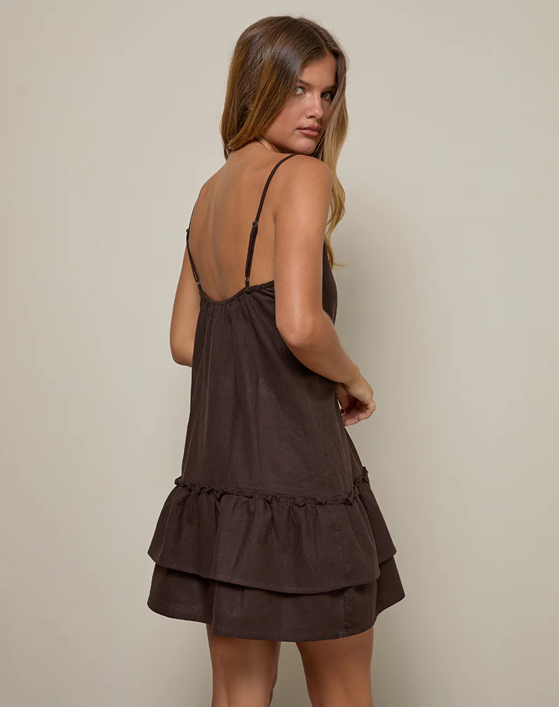Mailina Linen Button Up Mini Dress in Chocolate Brown - Image 5