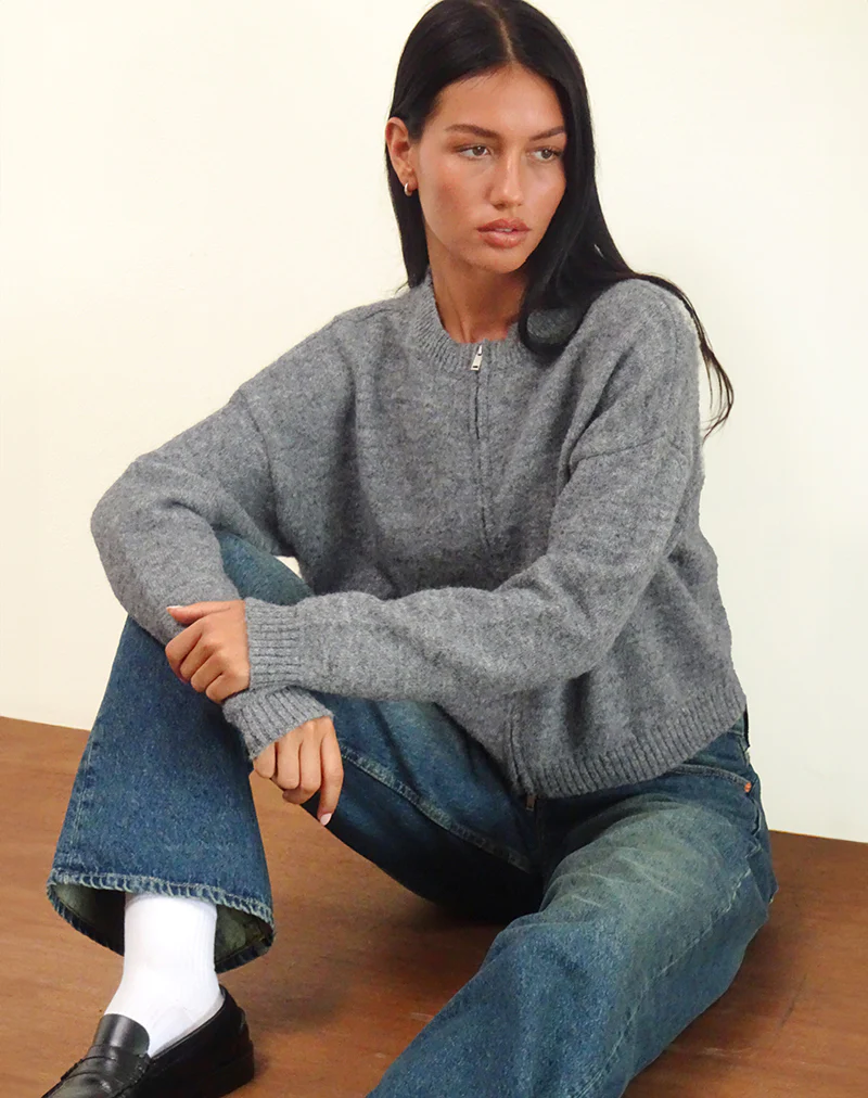 Maira Zip Through Jacket in Knit Grey - Image 2