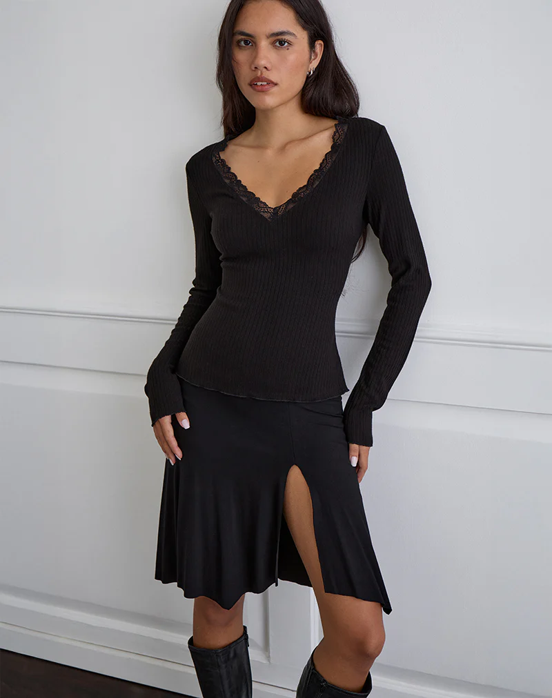 Maivi Long Sleeve Top in Black with Lace Trim - Image 3