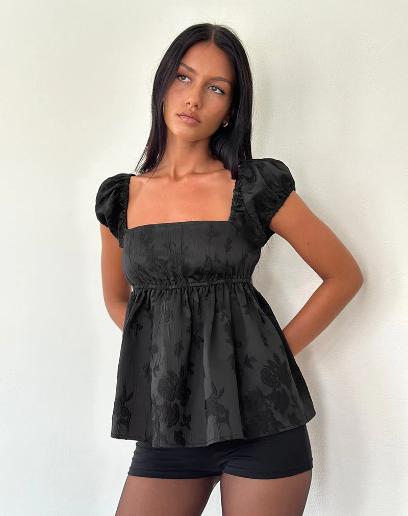 Malea Peplum Top in Black Satin Jacquard - Image 4