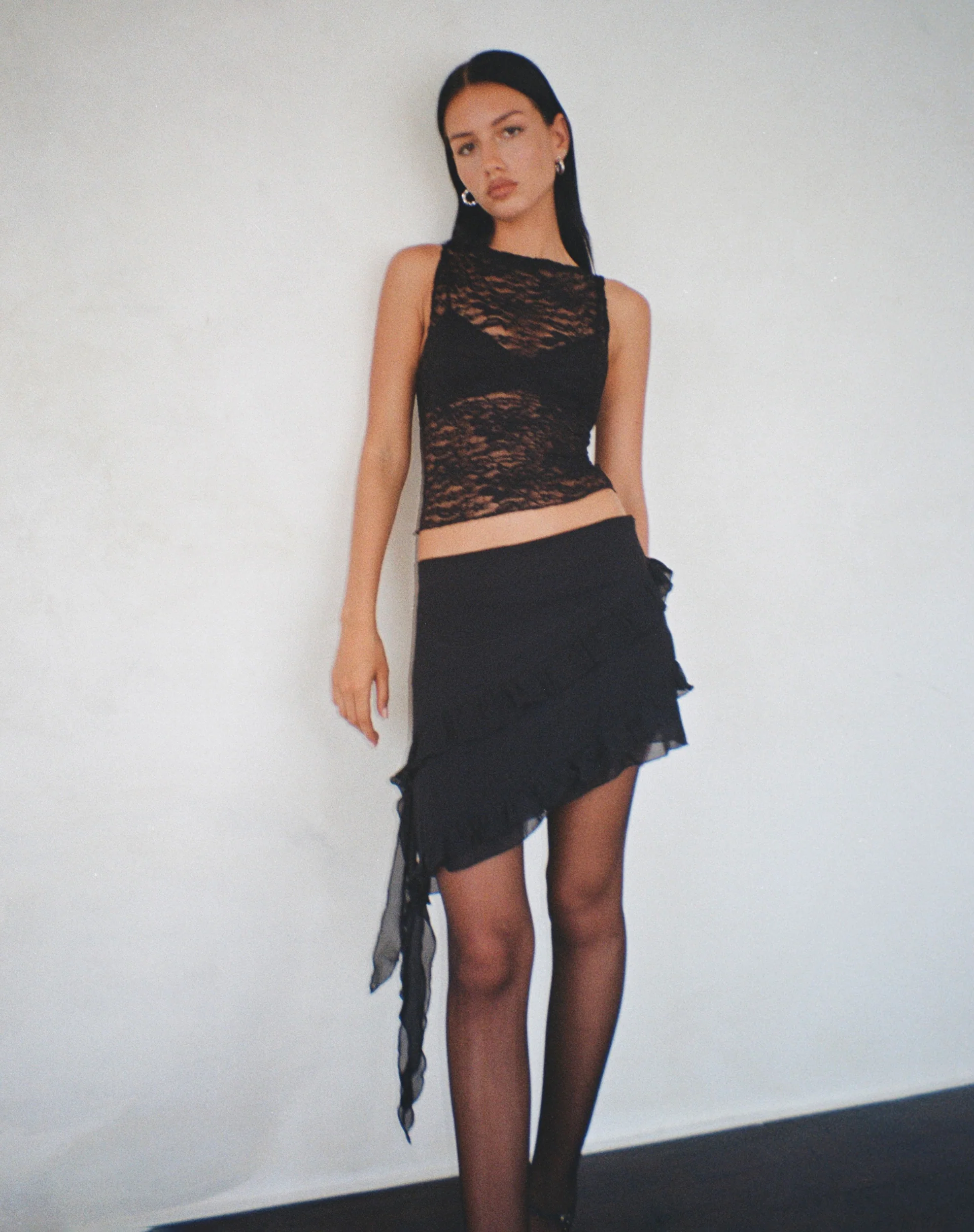 Malinna Ruffle Mini Skirt in Black Chiffon - Image 4