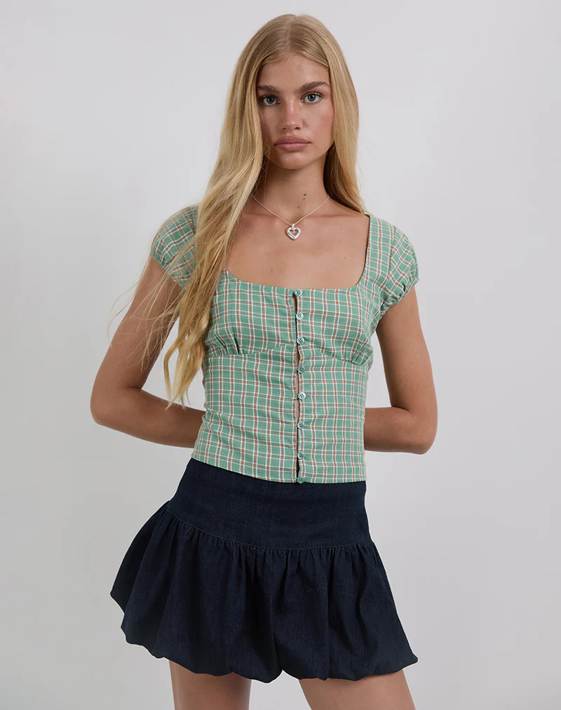 Malsa Scoop Button Blouse in Teal Check - Image 4