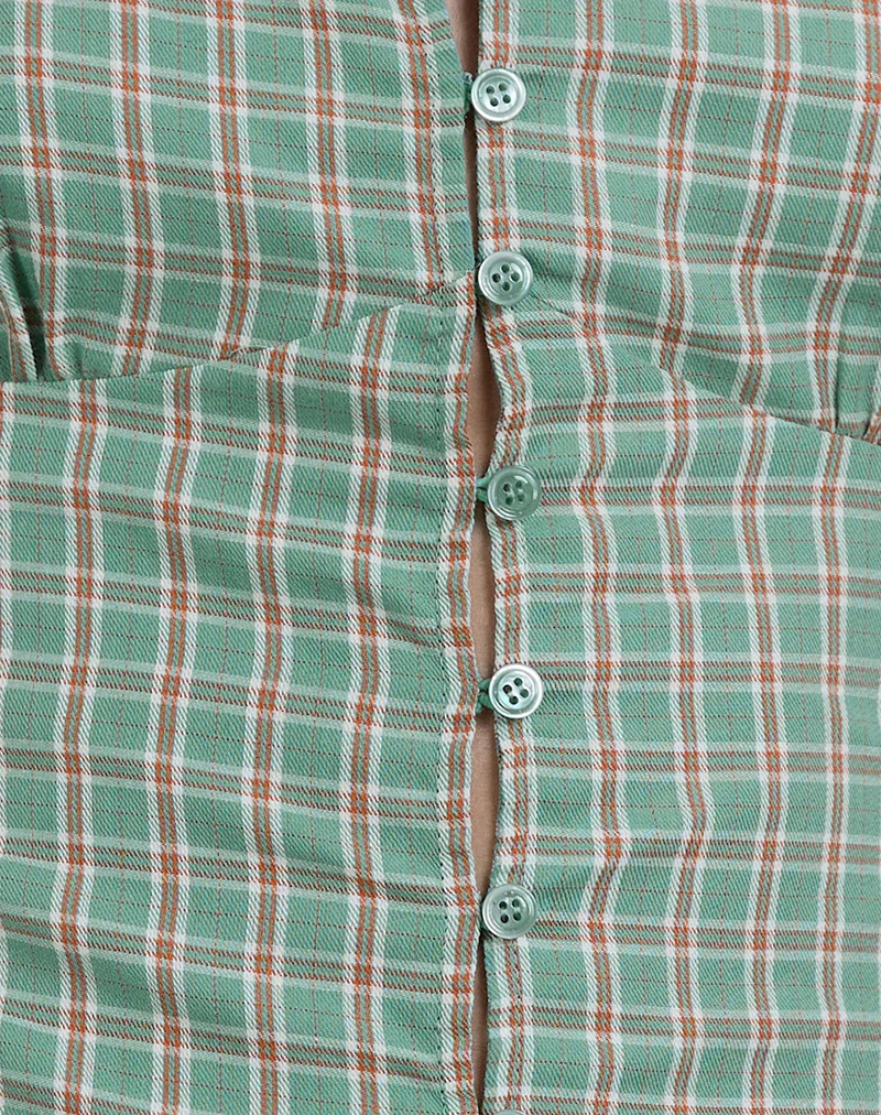 Malsa Scoop Button Blouse in Teal Check - Image 6