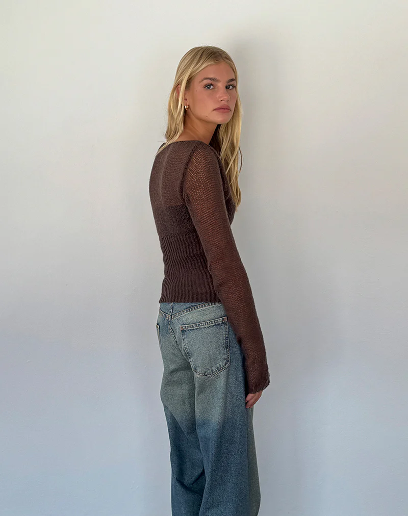 Manon Long Sleeve Sheer Knit Top in Chocolate Brown - Image 5