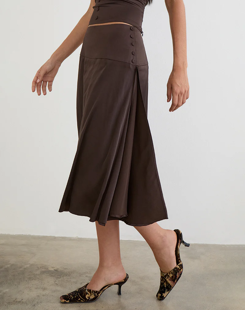 Manyala Midi Skirt in Satin Dark Brown - Image 2