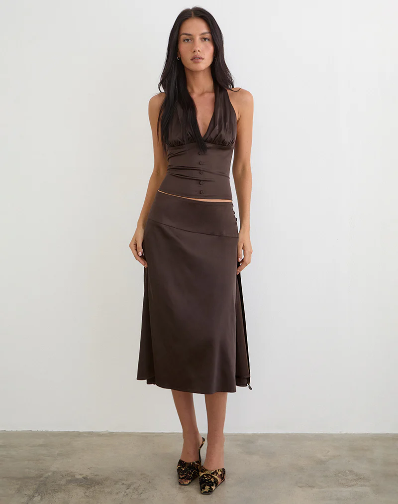 Manyala Midi Skirt in Satin Dark Brown - Image 3