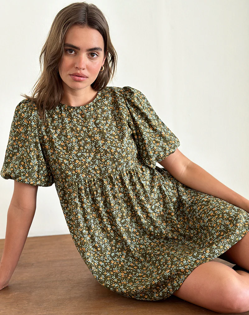 Marate Puff Sleeve Mini Dress in Grunge Floral Khaki - Image 2
