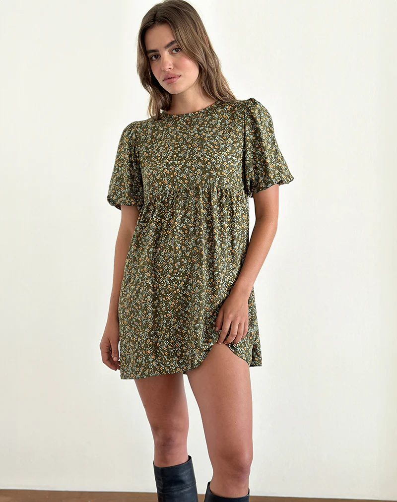 Marate Puff Sleeve Mini Dress in Grunge Floral Khaki - Image 3