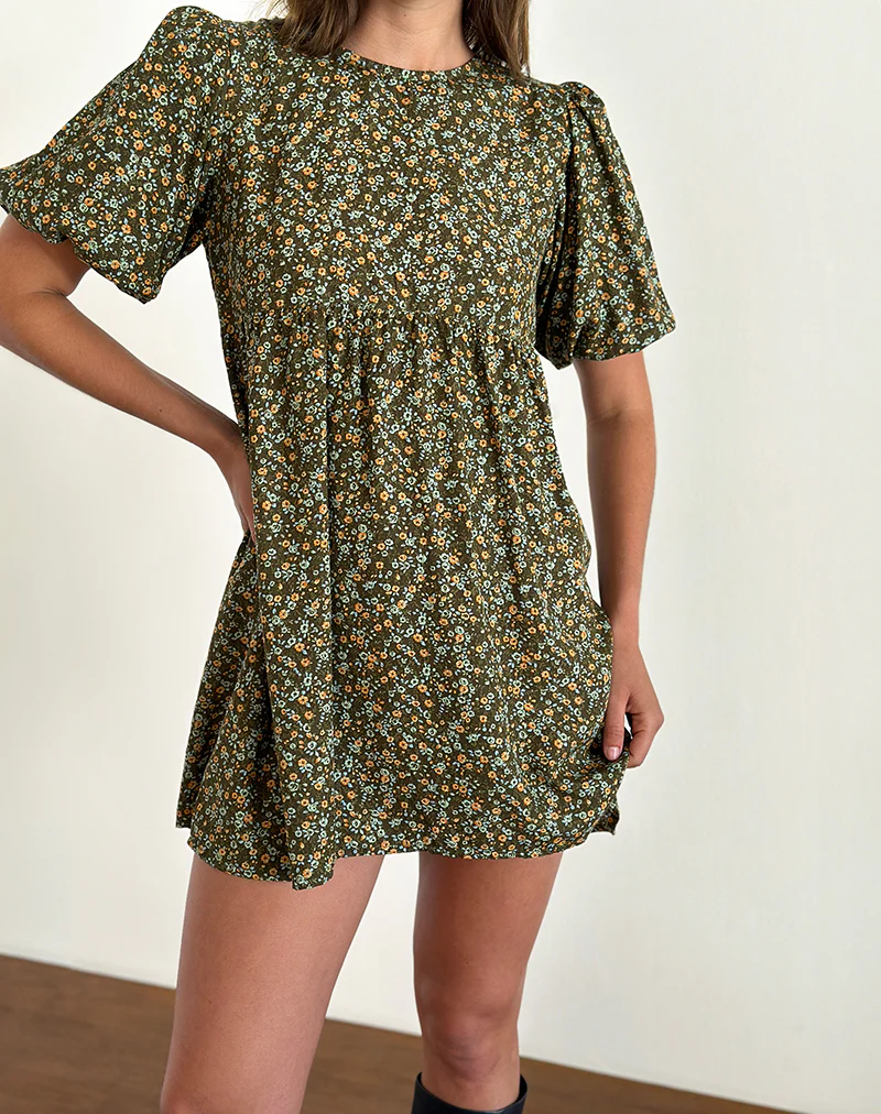 Marate Puff Sleeve Mini Dress in Grunge Floral Khaki - Image 4