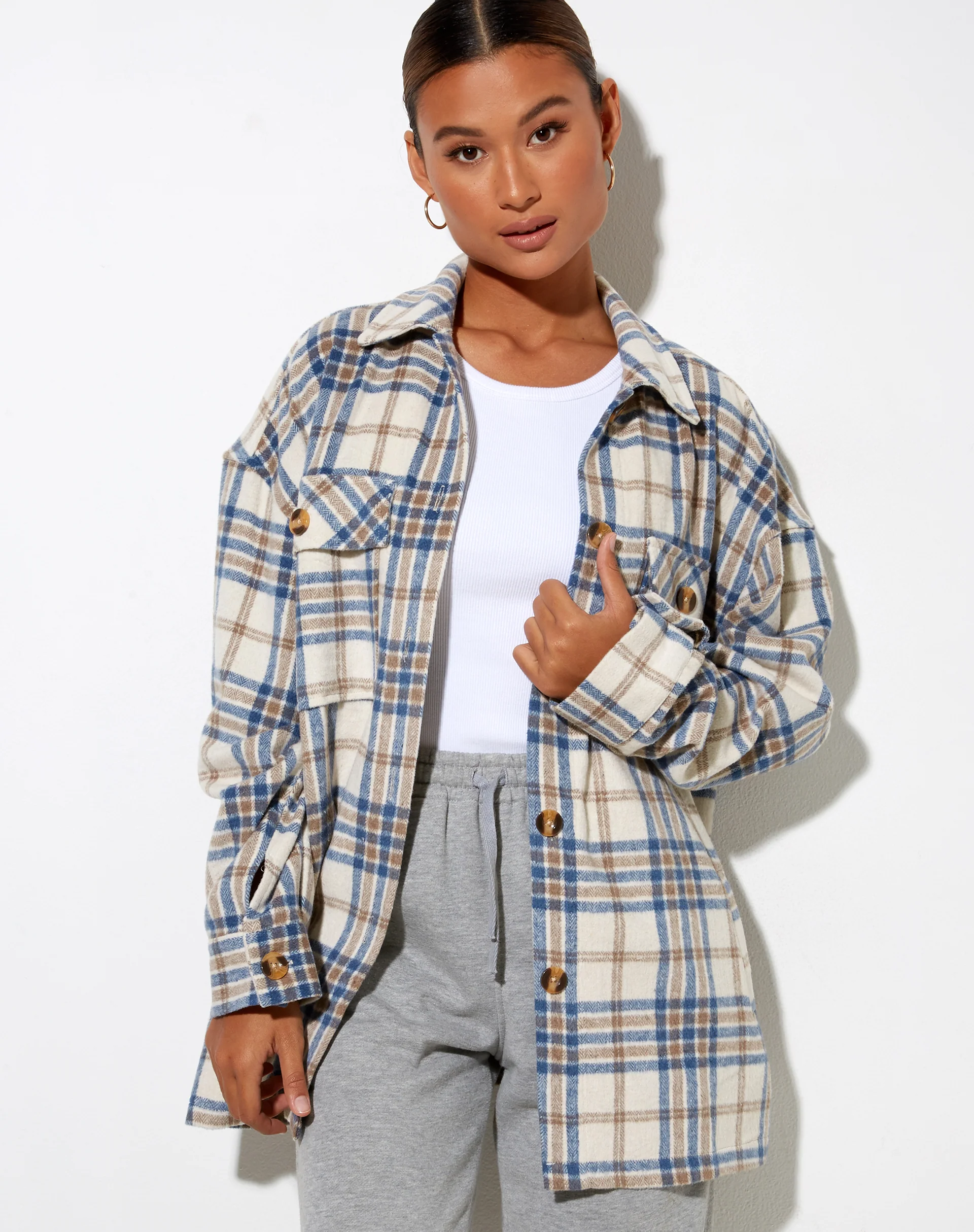 Marcel Shirt in Big Check White Blue Tan - Image 3