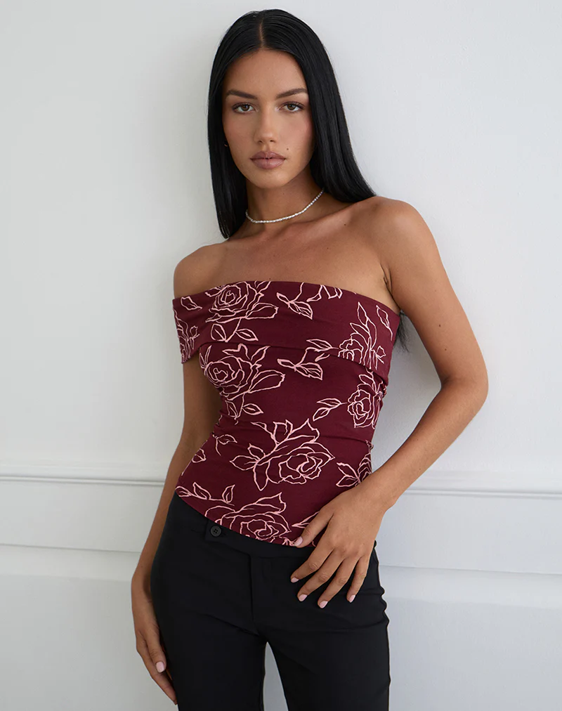 Marga One Shoulder Top in Outline Rose Maroon - Image 2