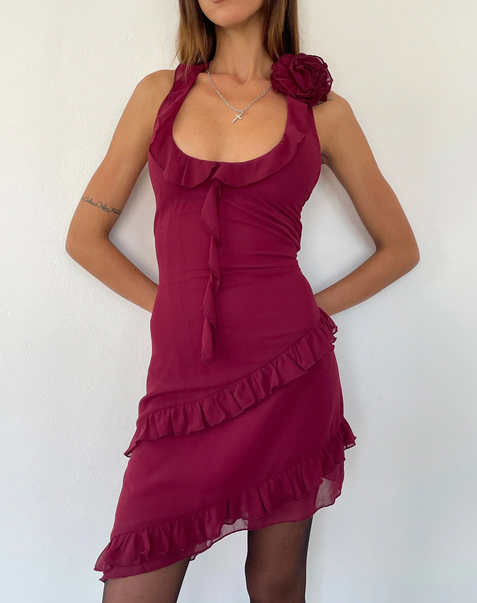 Margaret Ruffle Mini Dress in Plum Chiffon with Rosette - Image 3