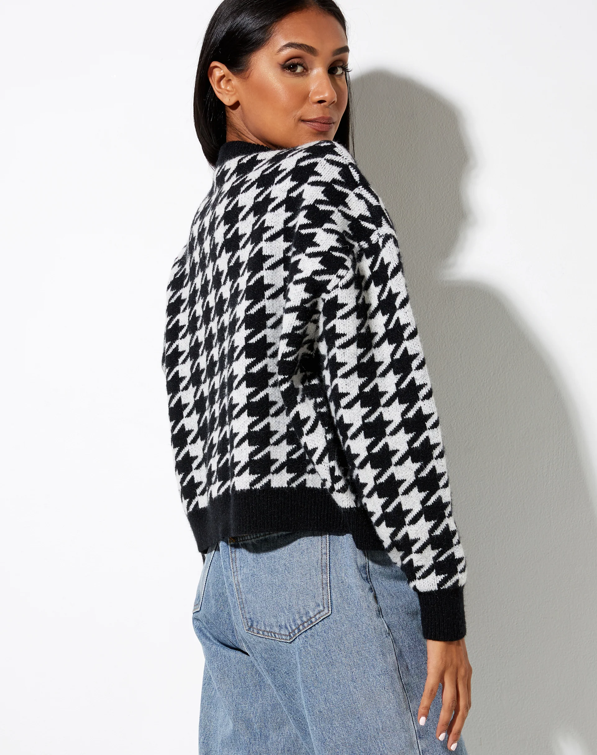 Margo Jumper in Knit Houndstooth Black and Ivory - Image 2