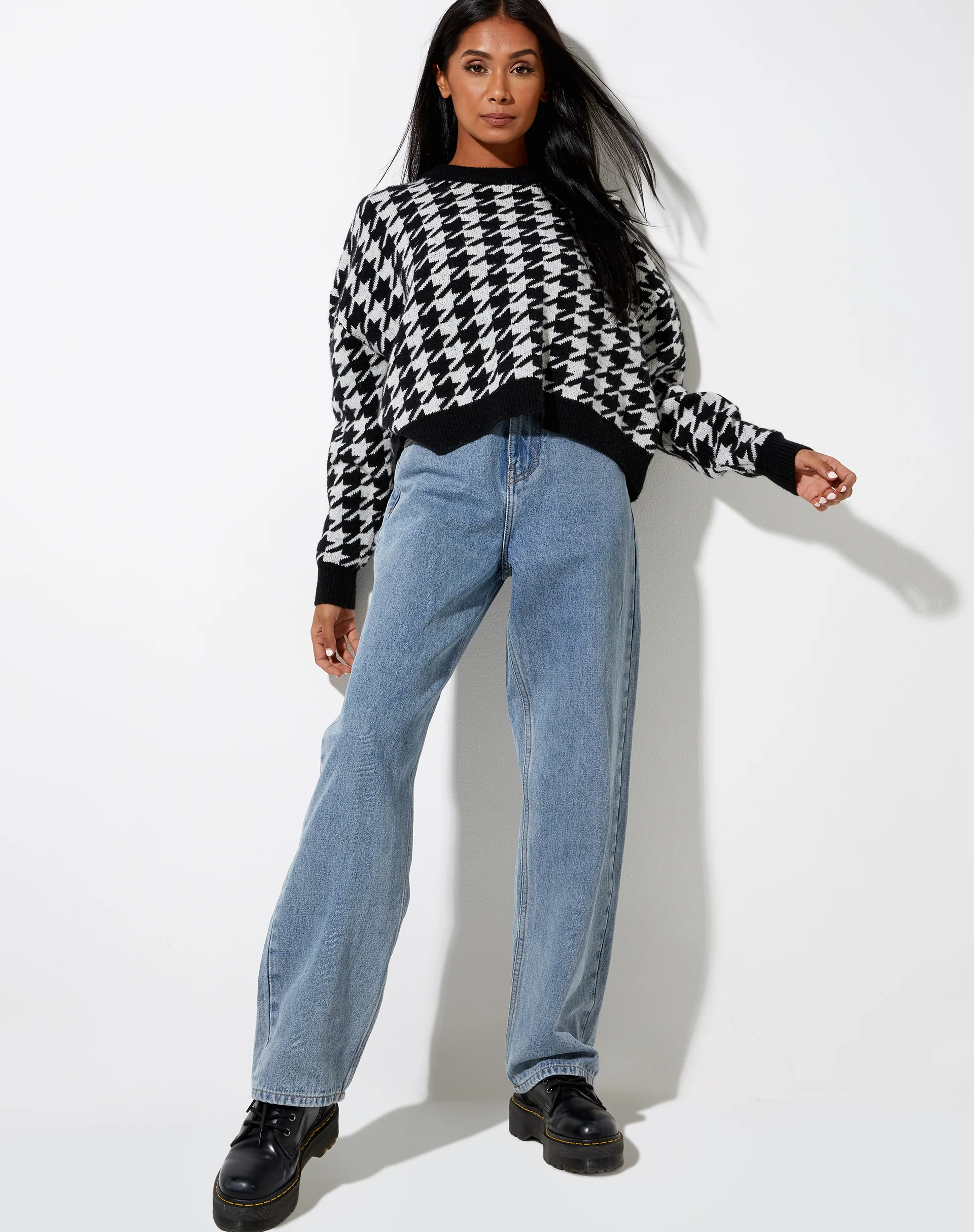 Margo Jumper in Knit Houndstooth Black and Ivory - Image 3