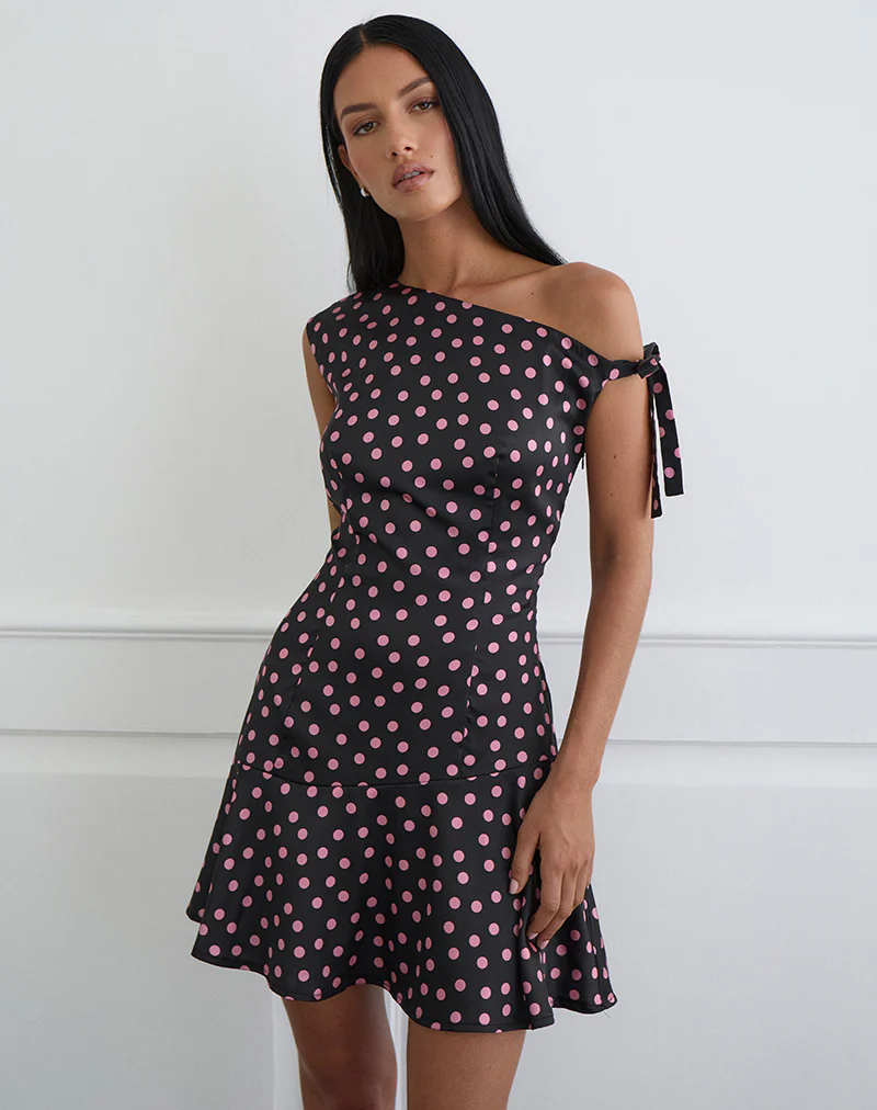 Maribel Mini Dress in Black Satin Scattered with Pink Polka - Image 2